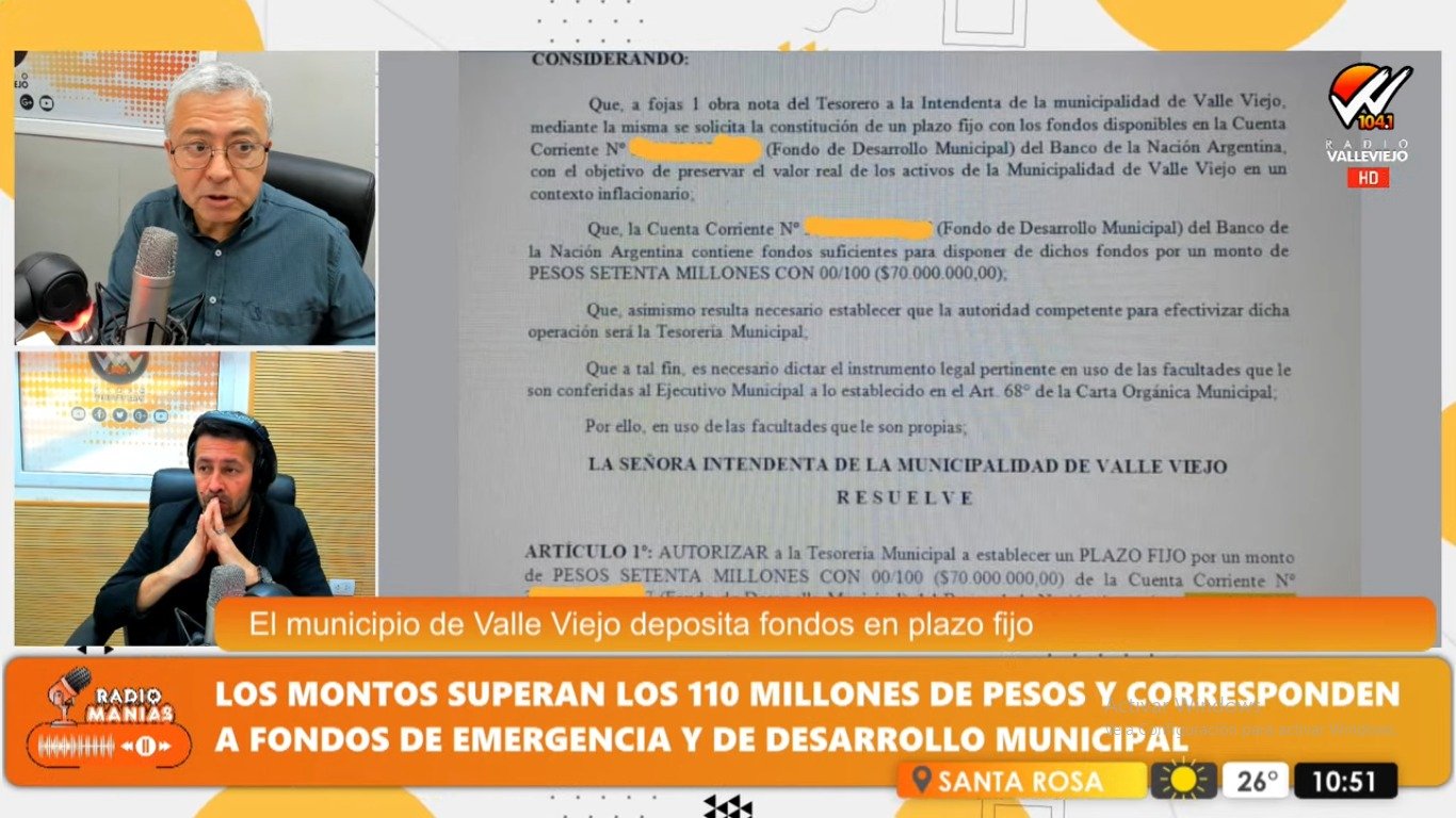 Cuestionan al municipio de Valle Viejo por plazos fijos de fondos públicos (Audio)