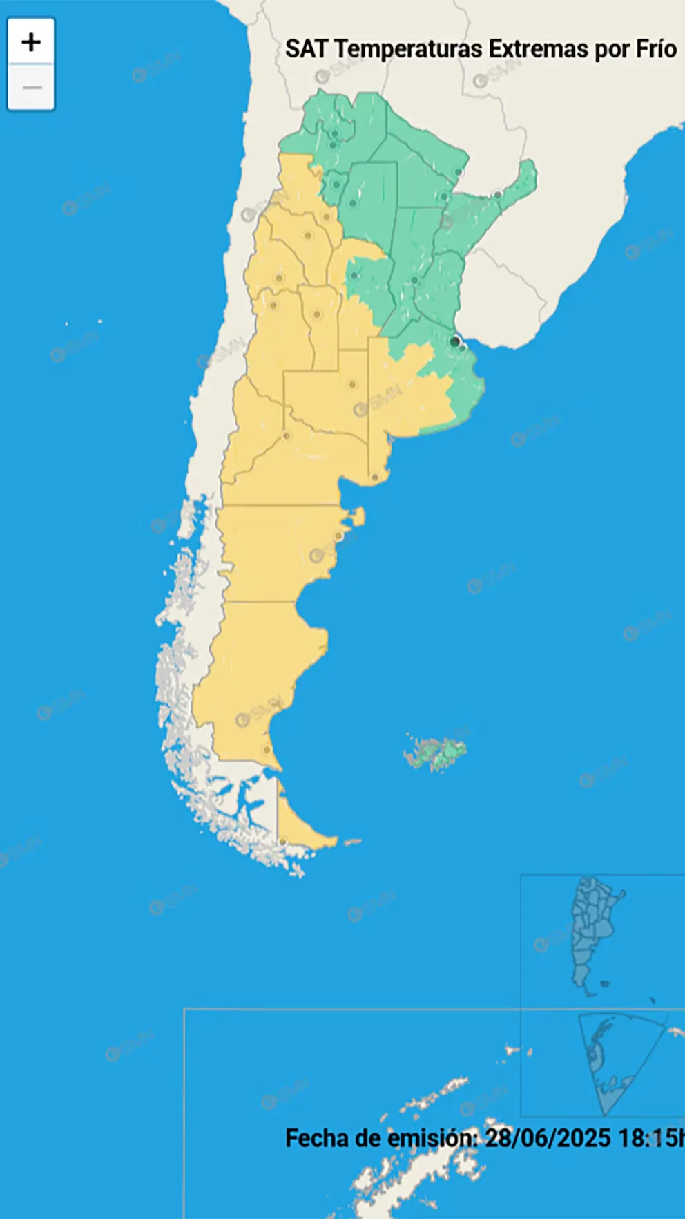 Hoy lunes gran parte de Argentina sigue bajo alerta amarilla por frío extremo