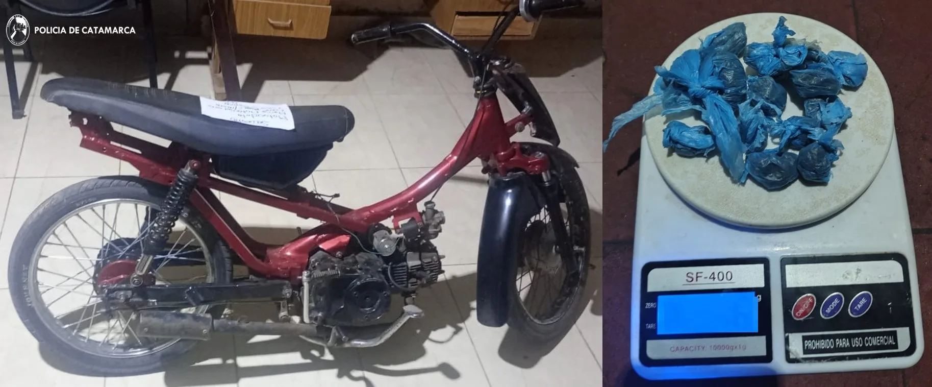 Catamarca: detienen en Tinogasta a un joven de 21 años que conducía peligrosamente una moto, junto a un adolescente de 15 que portaba marihuana